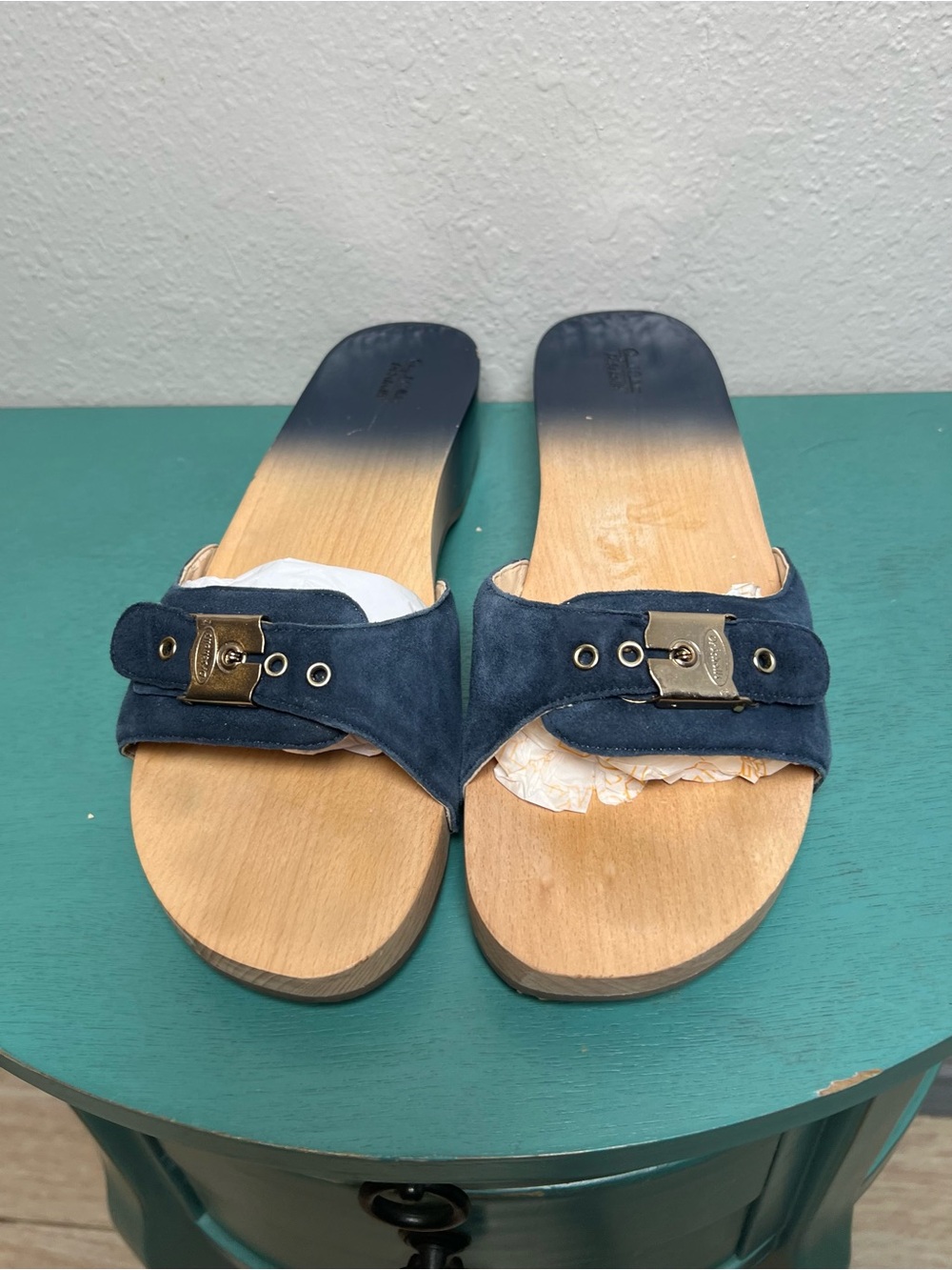 Dr Scholls Navy Suede Wooden Slide Ssndals - Picture 8 of 12